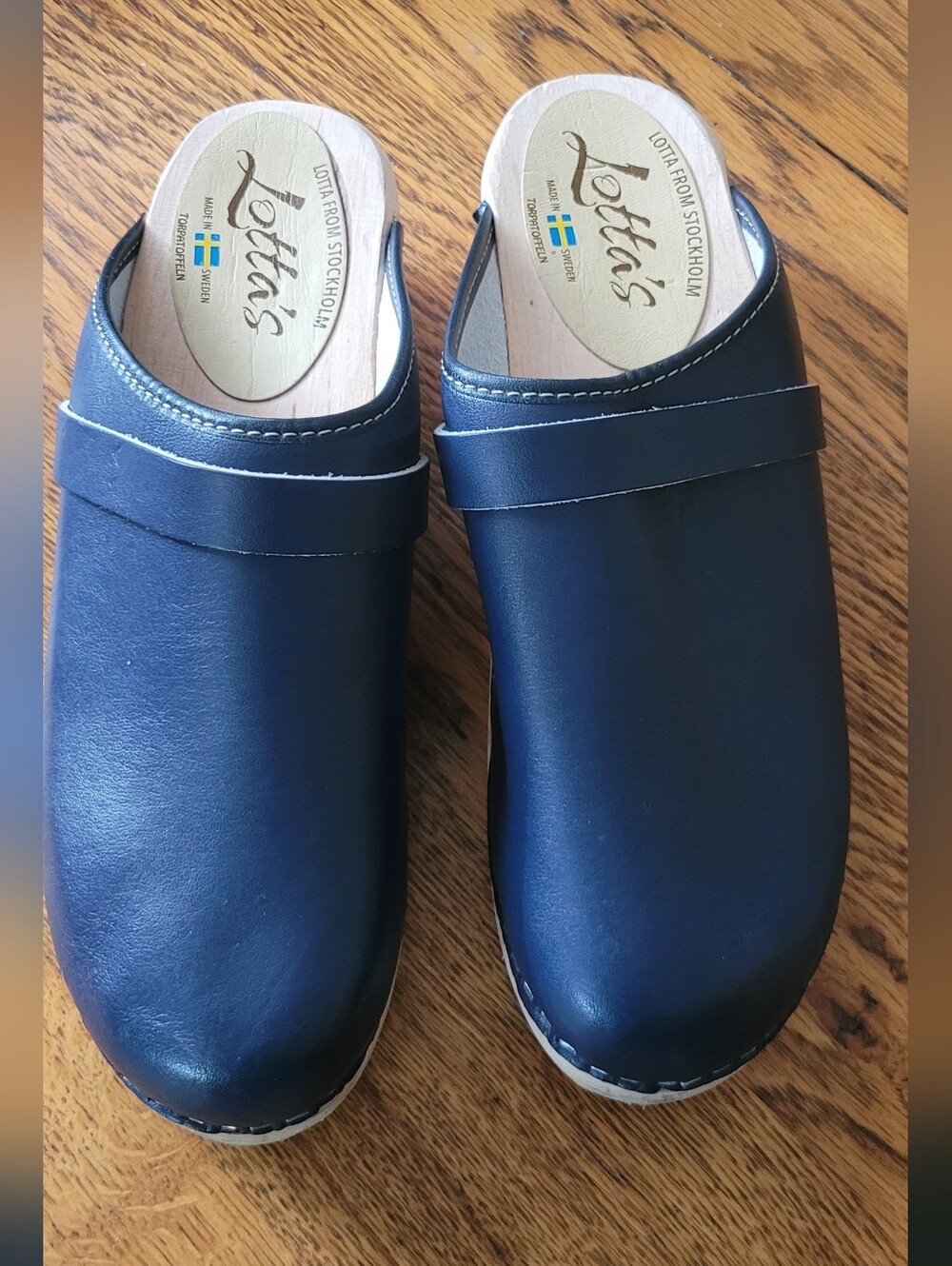 Lotta From Stockholm Navy Blue Leather Clogs with Natural Wood Footbed